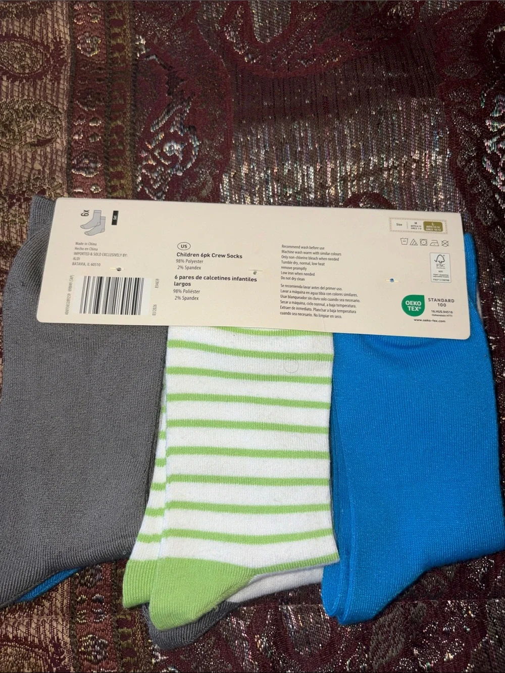 Lily & Dan Children’s Crew Socks - Green, White and Blue Size L